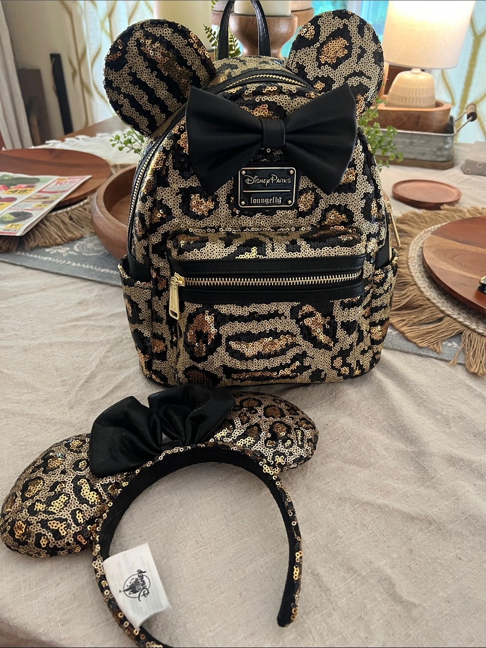 Loungefly RARE NWT Sequined Leopard Backpack - Black & Gold W/ MATCHING EARS!